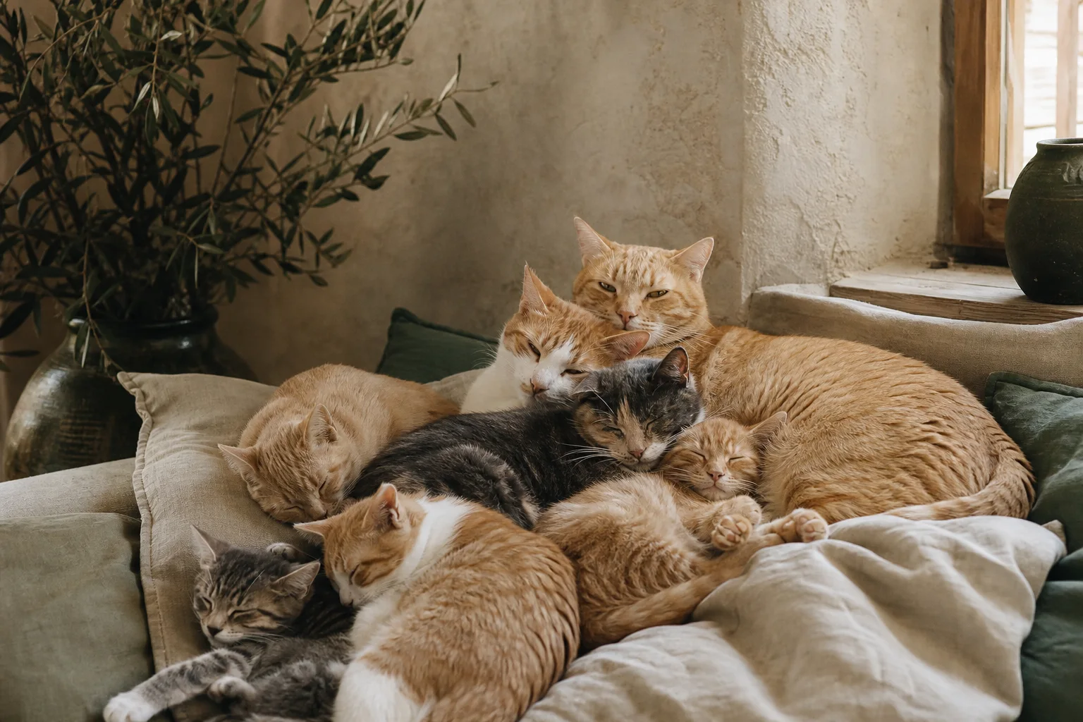 Une grande famille de chats blottie ensemble à la maison